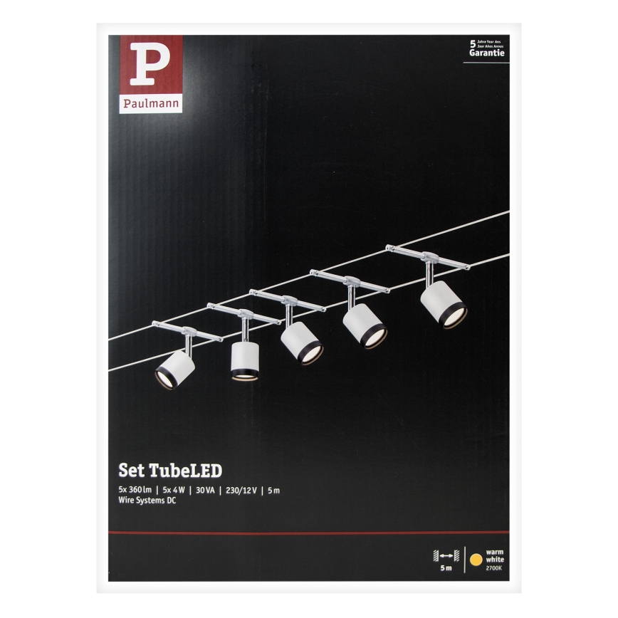 Paulmann 3981 - SADA 5xLED/4W Kompletní lankový systém TUBE 230V matný chrom/černá
