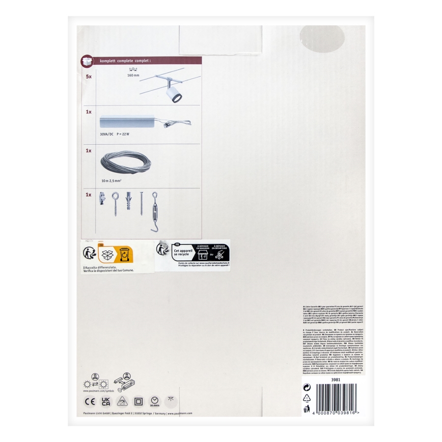Paulmann 3981 - SADA 5xLED/4W Kompletní lankový systém TUBE 230V matný chrom/černá