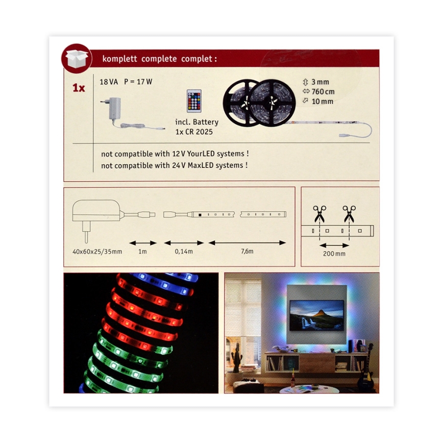 Paulmann 70514 - LED RGB/15W Stmívatelný pásek SIMPLED 7,5m 230V + dálkové ovládání