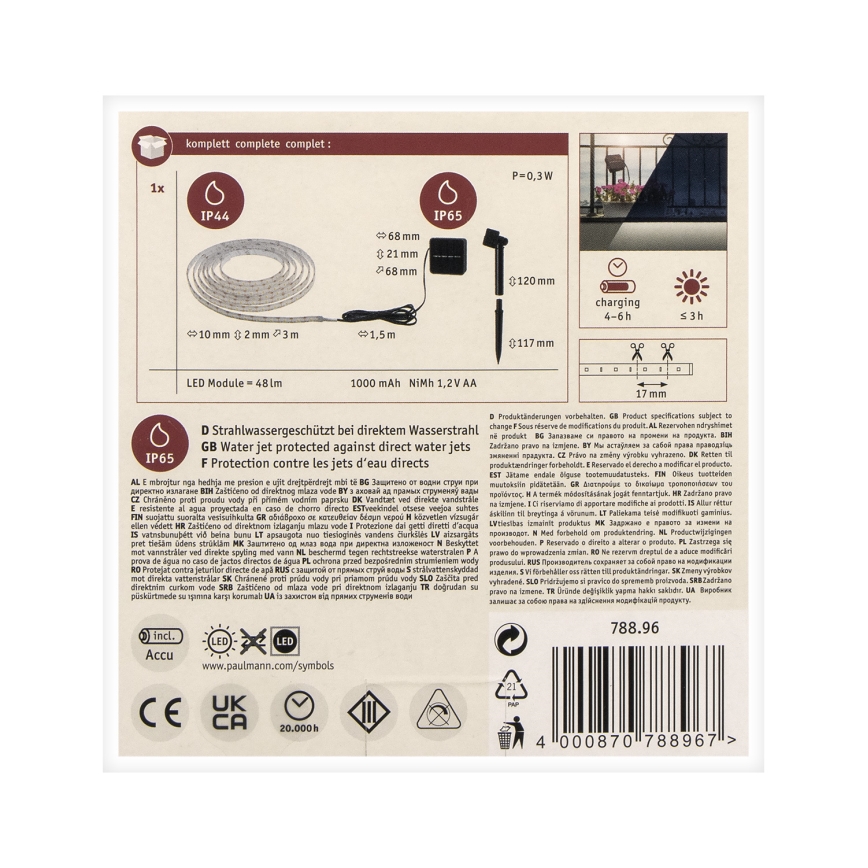 Paulmann 78896 - LED/0,3W IP44 Solární pásek 3m 1,2V 1000 mAh