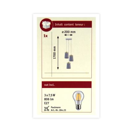 Paulmann 79627 - Lustr na lanku NORELL 3xE27/20W/230V beton