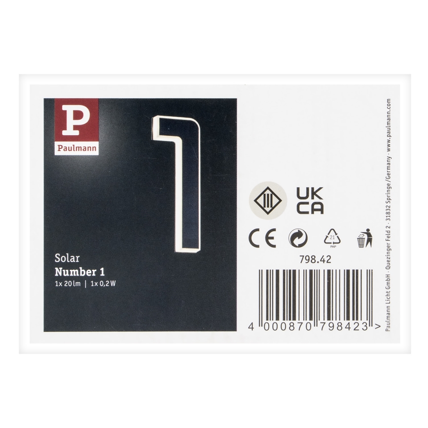 Paulmann 79842 - LED/0,2W IP44 Solární domovní číslo 1,2V 1500 mAh