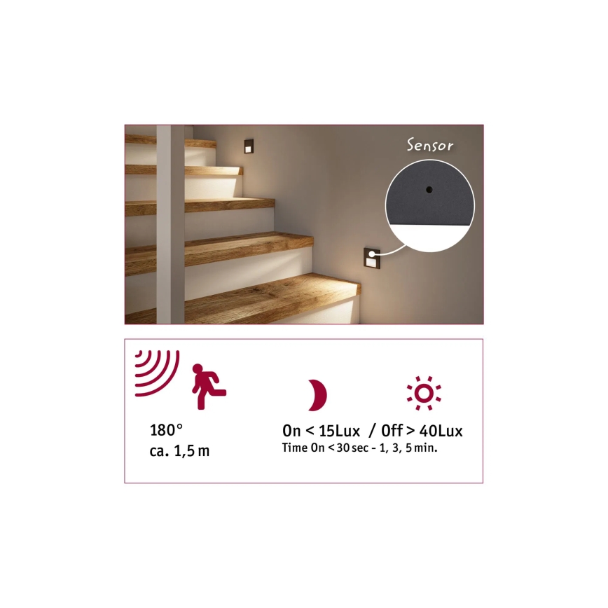 Paulmann 80004 - LED/1W Schodišťové svítidlo se senzorem TSARO 230V Lead/černá
