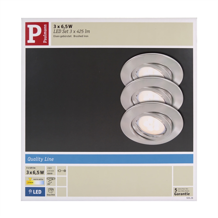 Paulmann 92028 - SADA 3x LED podhledové svítidlo QUALITY LINE 3xGU10-LED/6,5W/230V
