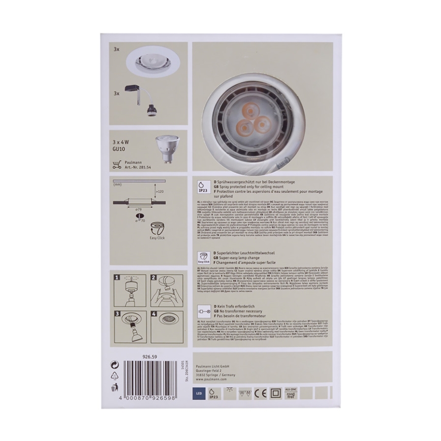 Paulmann 92659 - SADA 3x LED Koupelnové podhledové svítidlo PREMIUM LINE 3xGU10/4W/230V