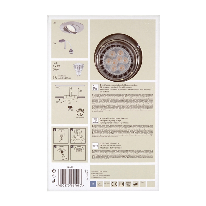 Paulmann 92709 - SET 3xLED-GU10/8W Einbaueluchte 230V ...