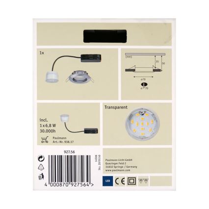 Paulmann 92756 - LED/6,8W IP44 Koupelnové podhledové svítidlo COIN 230V