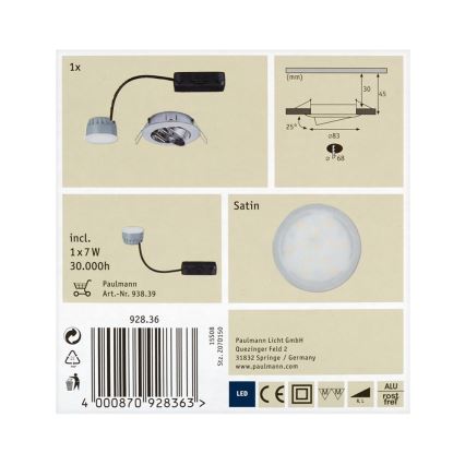 Paulmann 92836 - LED/7W Stmívatelné koupelnové podhledové svítidlo COIN 230V
