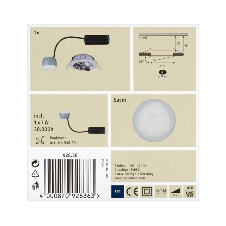 Paulmann 92836 - LED/7W Stmívatelné koupelnové podhledové svítidlo COIN 230V