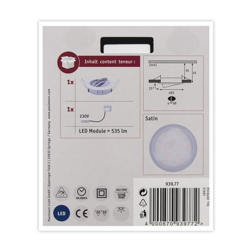 Paulmann 93977 - LED/6,8W IP23 Koupelnové podhledové svítidlo COIN 230V bílá