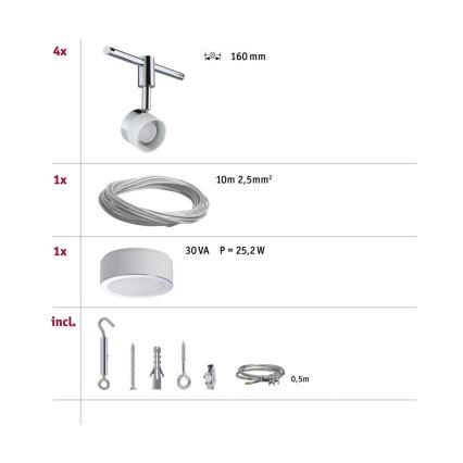 Paulmann 94080 - SADA 4xLED/4,8W Bodové svítidlo do lankového systému STAGE 230V lesklý chrom