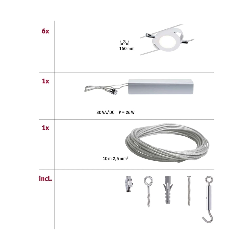 Paulmann 94106 - SADA 6xLED/4W Bodové svítidlo do lankového systému ROUNDMAC 230V bílá
