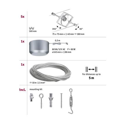 Paulmann 94133 - SADA 5xGU5,3/10W Bodové svítidlo do lankového systému MAC 230V matný chrom