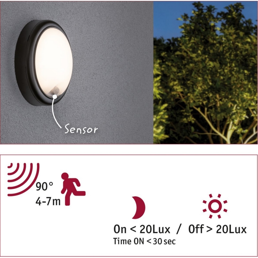 Paulmann 94187 - LED/15W IP44 Venkovní nástěnné svítidlo se senzorem 230V