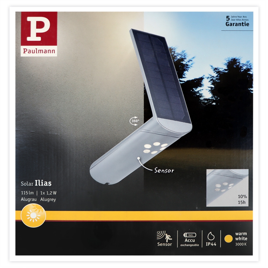 Paulmann 94261 - LED/1,2W IP44 Solární nástěnné svítidlo se senzorem ILIAS 3,7V