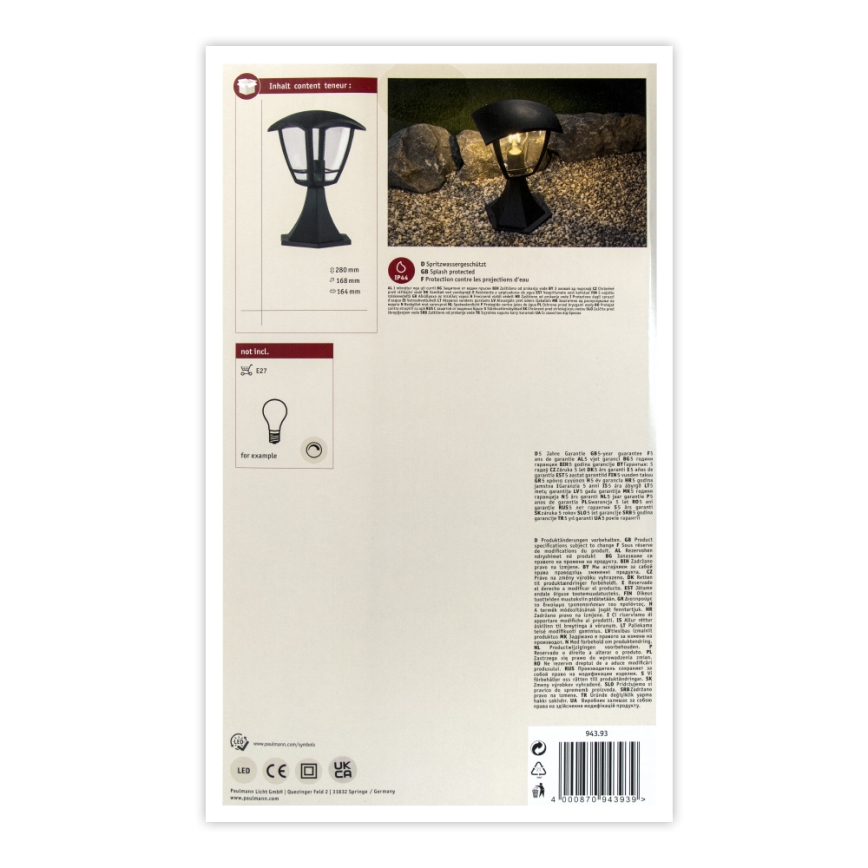 Paulmann 94393 - 1xE27/12W IP44 Venkovní lampa CLASSIC 230V