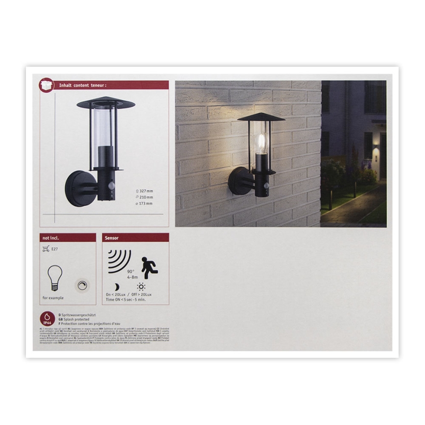 Paulmann 94396 - 1xE27/15W IP44 Venkovní nástěnné svítidlo se senzorem CLASSIC 230V