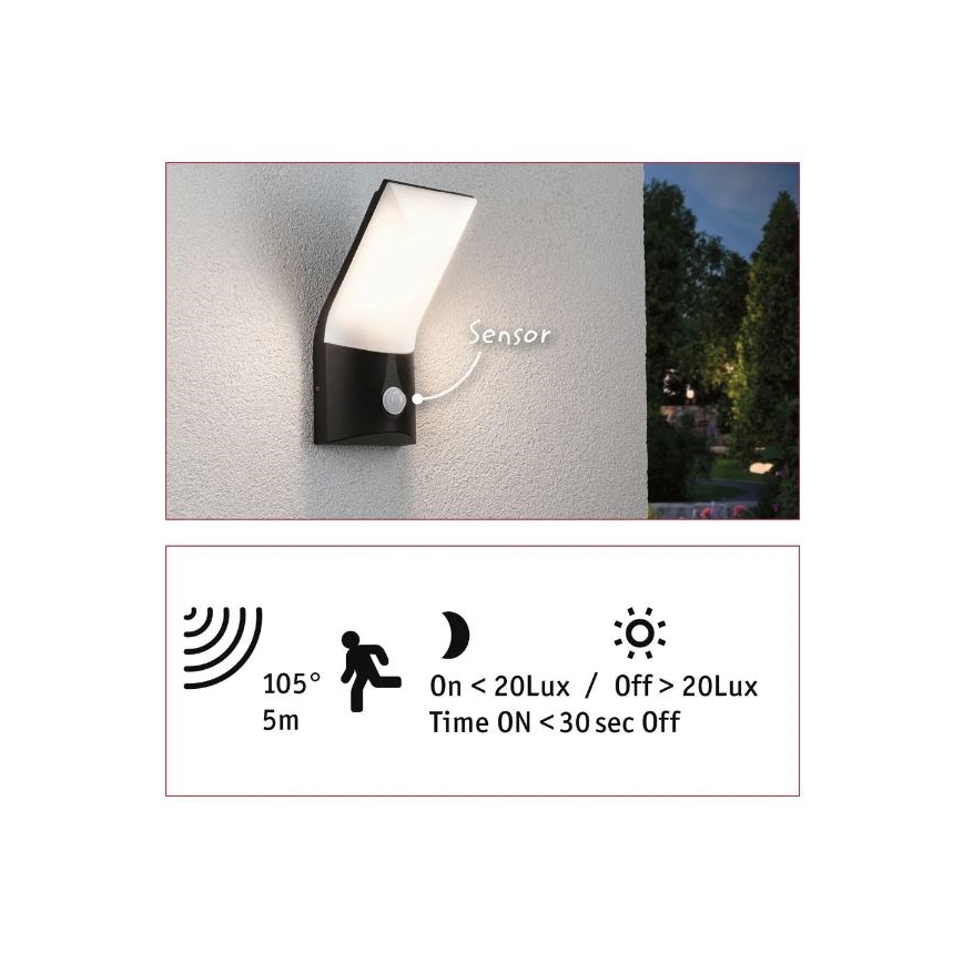 Paulmann 94402 - LED/10W IP44 Venkovní nástěnné svítidlo se senzorem ADYA 230V