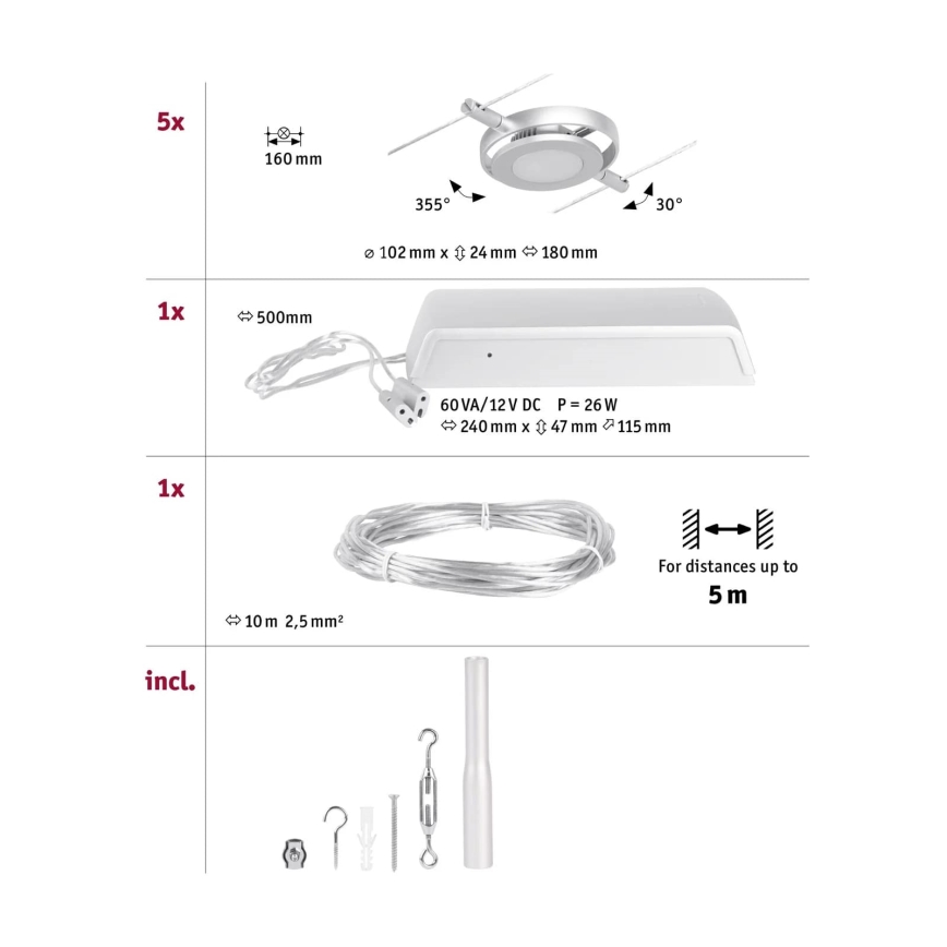Paulmann 94414 - SADA 5xLED/4,5W Kompletní lankový systém ROUNDMAC 230V matný chrom