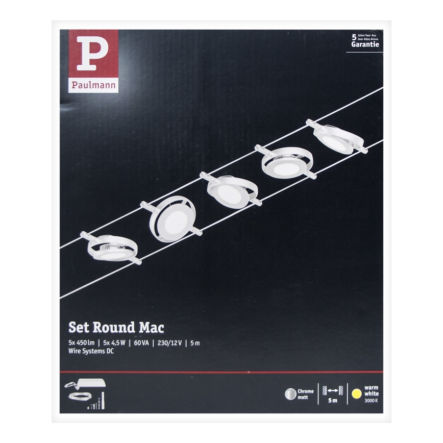 Paulmann 94414 - SADA 5xLED/4,5W Kompletní lankový systém ROUNDMAC 230V matný chrom