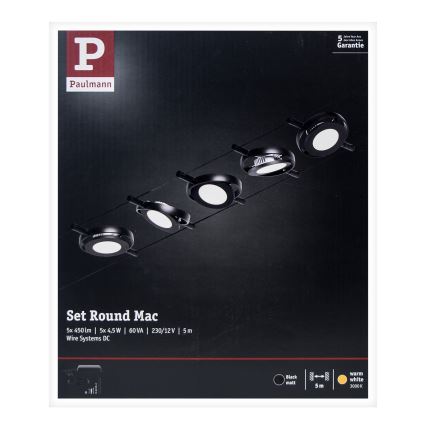 Paulmann 94418 - SADA 5xLED/4,5W Kompletní lankový systém ROUNDMAC 230V černá