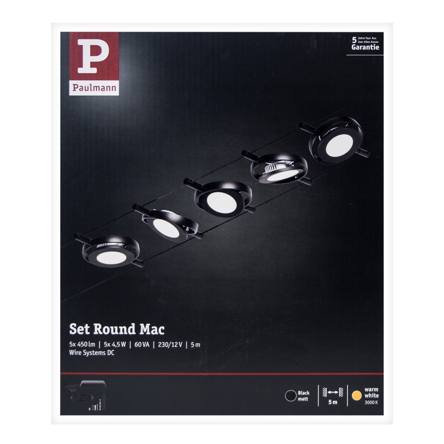 Paulmann 94418 - SADA 5xLED/4,5W Kompletní lankový systém ROUNDMAC 230V černá