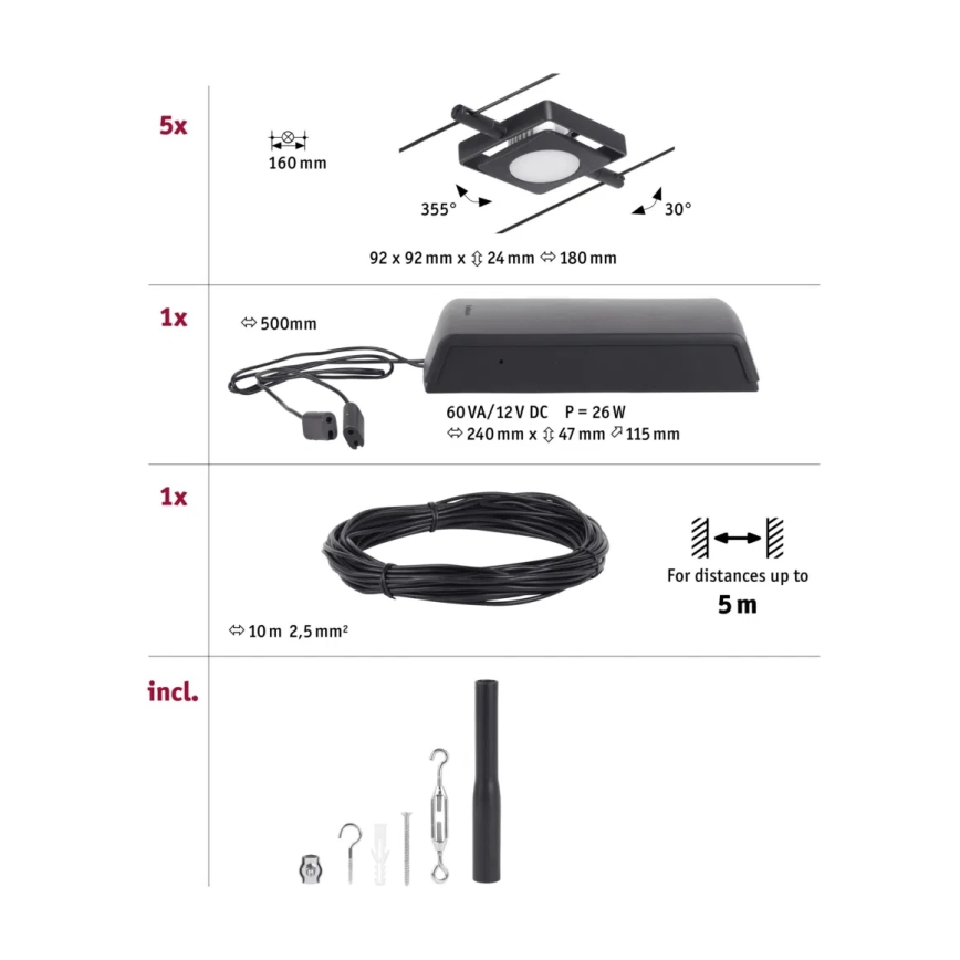Paulmann 94424 - SADA 5xLED/4,5W Kompletní lankový systém MAC 230V černá
