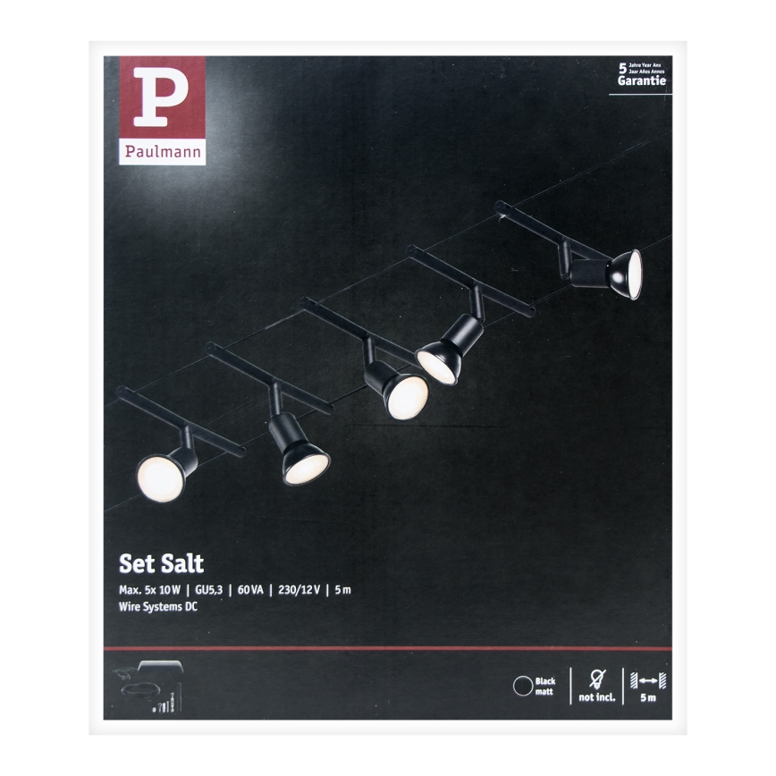 Paulmann 94446 - SADA 5xGU5,3/10W Kompletní lankový systém SALT 230V černá
