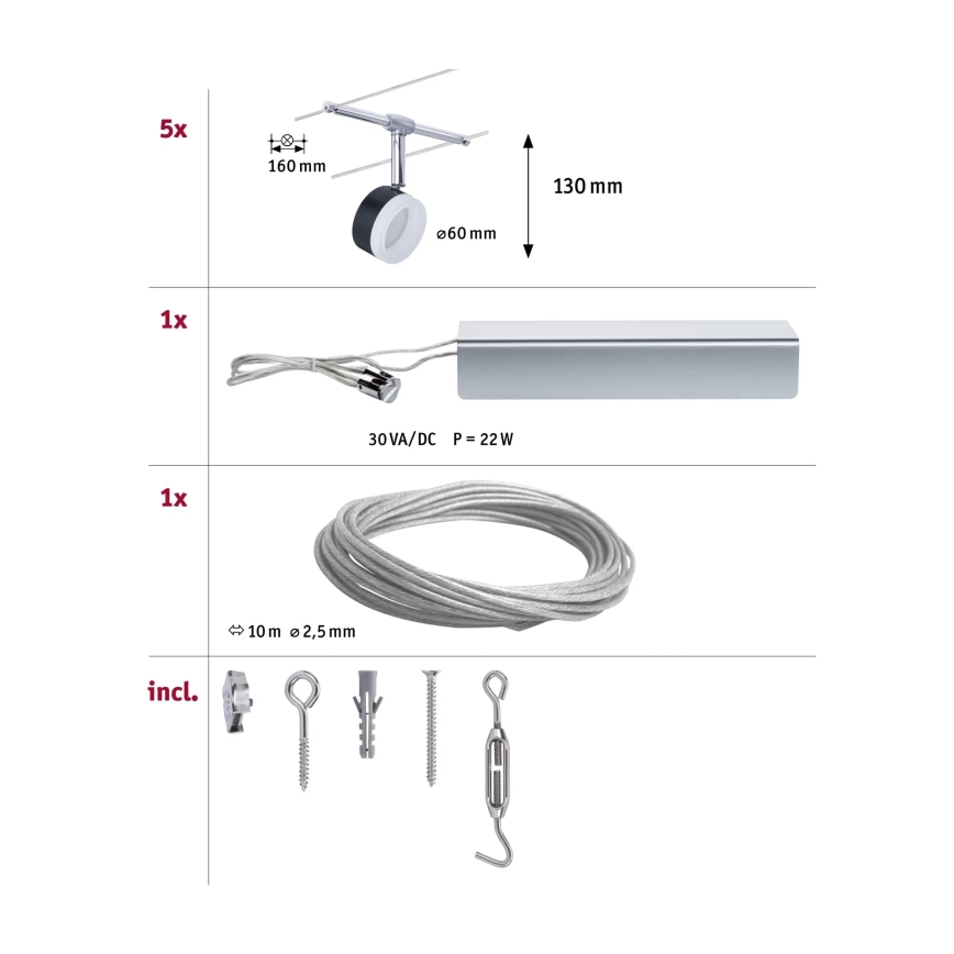 Paulmann 94457 - SADA 5xLED/4W Bodové svítidlo do lankového systému CLEAR 230V černá/lesklý chrom