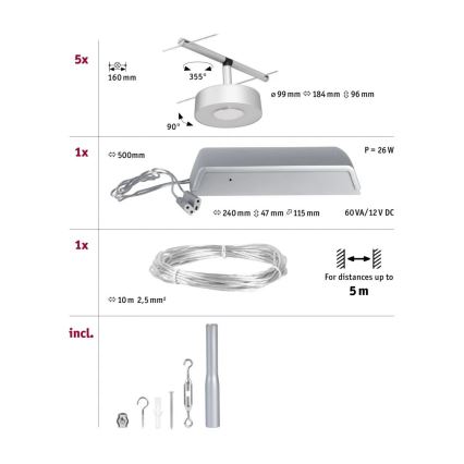 Paulmann 94475 - SADA 5xLED/5W Kompletní lankový systém CIRCLE 230V matný chrom