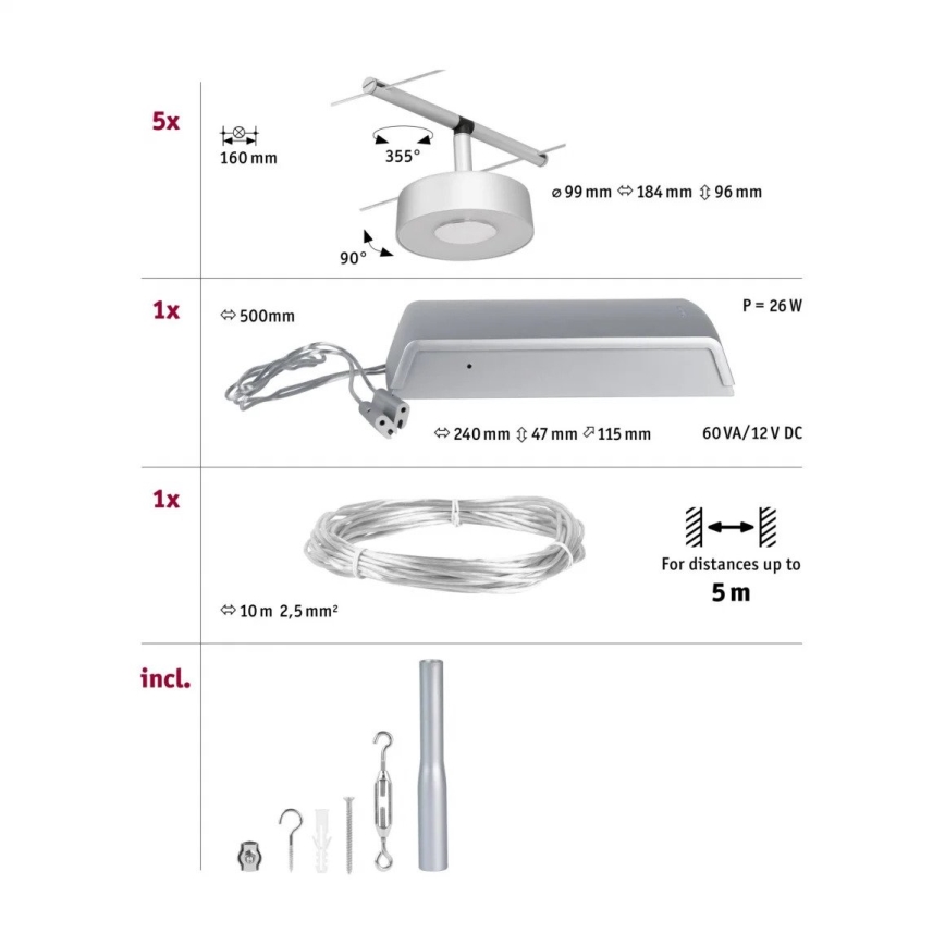 Paulmann 94475 - SADA 5xLED/5W Kompletní lankový systém CIRCLE 230V matný chrom