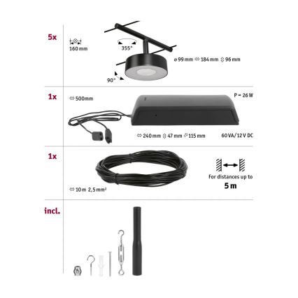 Paulmann 94479 - SADA 5xLED/5W Bodové svítidlo do lankového systému CIRCLE 230V černá