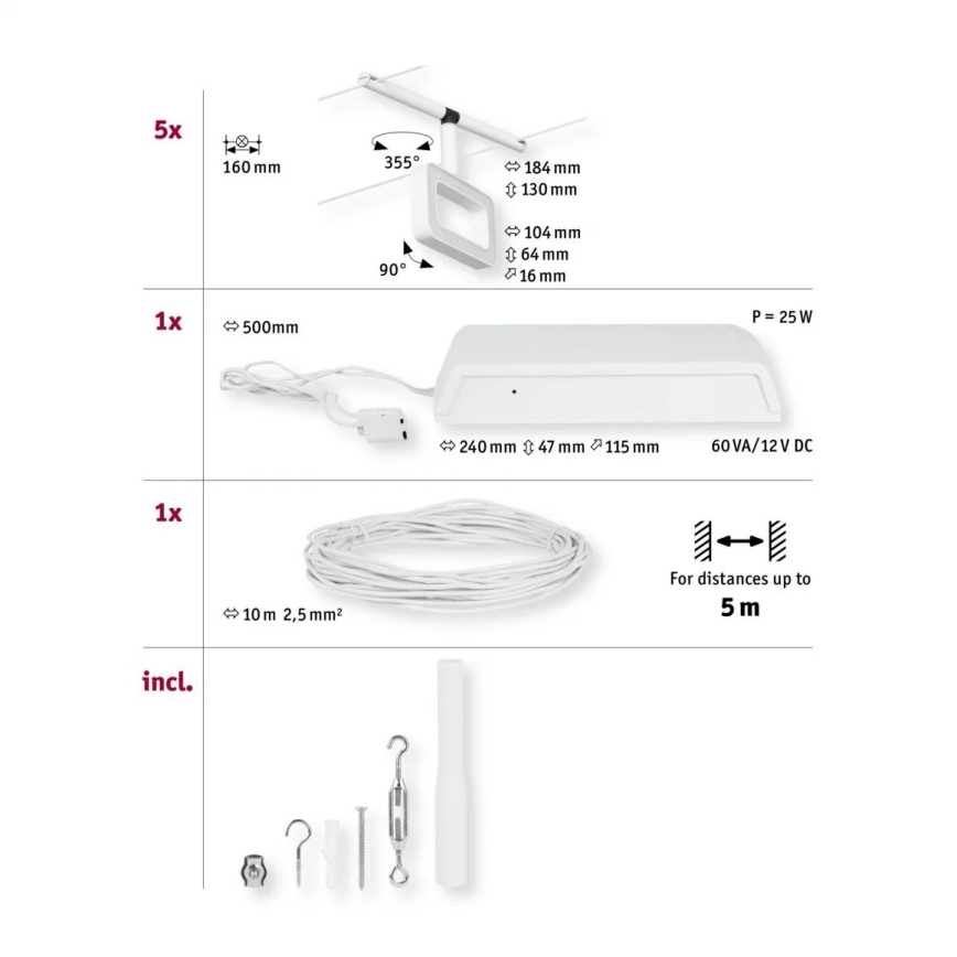 Paulmann 94483 - SADA 5xLED/4,8W Kompletní lankový systém FRAME 230V bílá