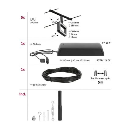 Paulmann 94485 - SADA 5xLED/4,8W Kompletní lankový systém FRAME 230V černá