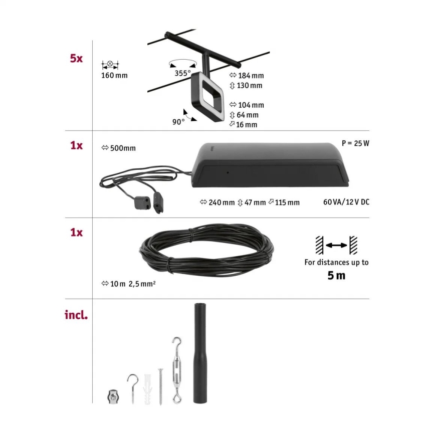 Paulmann 94485 - SADA 5xLED/4,8W Kompletní lankový systém FRAME 230V černá