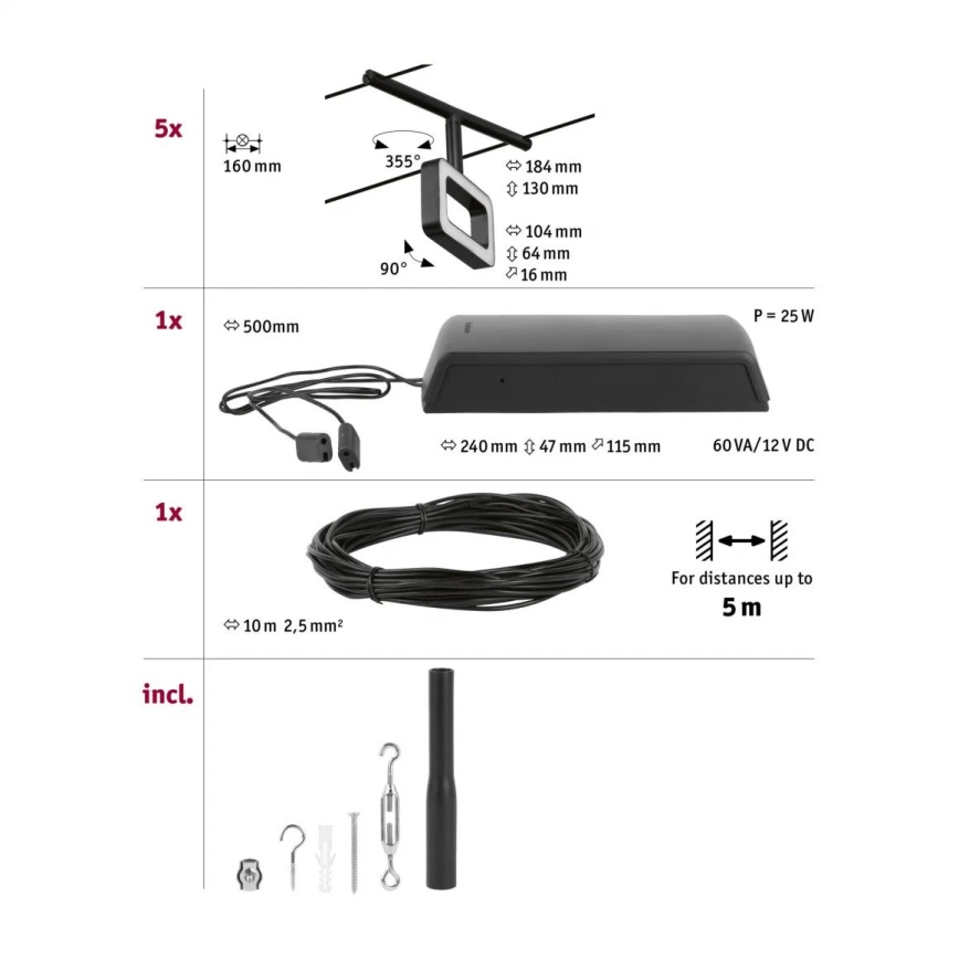 Paulmann 94485 - SADA 5xLED/4,8W Kompletní lankový systém FRAME 230V černá