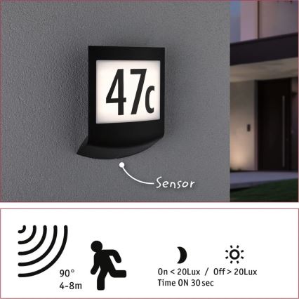 Paulmann 94513 - RGBW LED/8,2W IP44 Stmívatelné domovní číslo se senzorem pohybu a soumraku PADEA 230V antracit