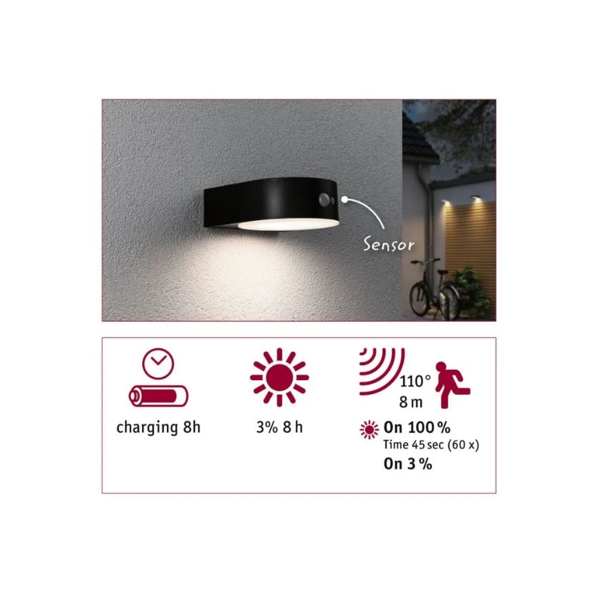 Paulmann 94570 - LED/5,5W IP44 Solární nástěnné svítidlo se senzorem EILEEN 3,7V 2000 mAh