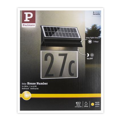 Paulmann 94694 - LED/0,2W IP44 Solární domovní číslo NEDA 3,7V 1800 mAh