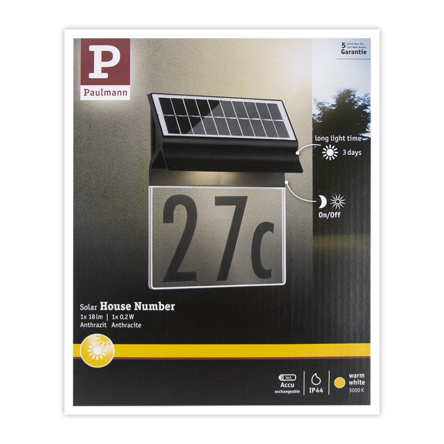 Paulmann 94694 - LED/0,2W IP44 Solární domovní číslo NEDA 3,7V 1800 mAh