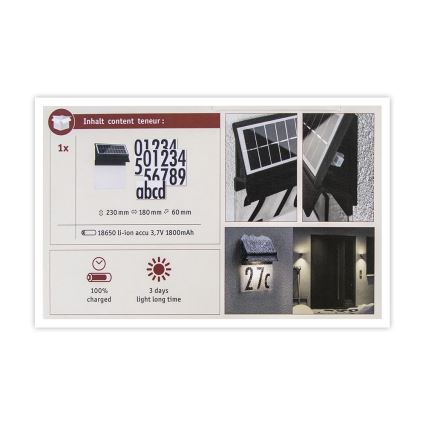Paulmann 94694 - LED/0,2W IP44 Solární domovní číslo NEDA 3,7V 1800 mAh