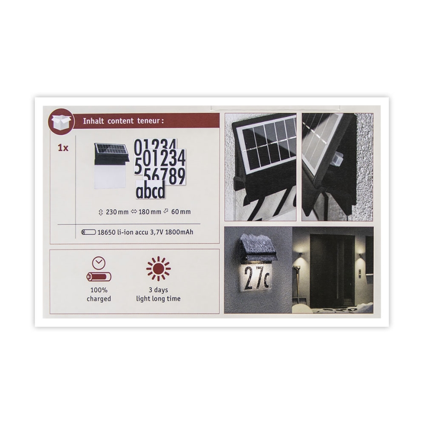 Paulmann 94694 - LED/0,2W IP44 Solární domovní číslo NEDA 3,7V 1800 mAh