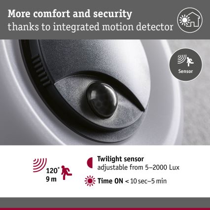 Paulmann 94956 - LED/20,5W IP65 Stmívatelné venkovní nástěnné svítidlo se senzorem pohybu a soumraku AUREVA 230V 2200/3000/4000K antracit