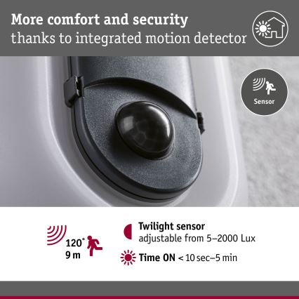 Paulmann 94958 - LED/18,5W IP65 Stmívatelné venkovní nástěnné svítidlo se senzorem pohybu a soumraku ELUNOR 230V 2200/3000/4000K antracit