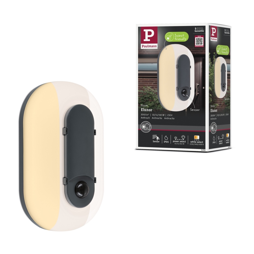 Paulmann 94958 - LED/18,5W IP65 Stmívatelné venkovní nástěnné svítidlo se senzorem pohybu a soumraku ELUNOR 230V 2200/3000/4000K antracit