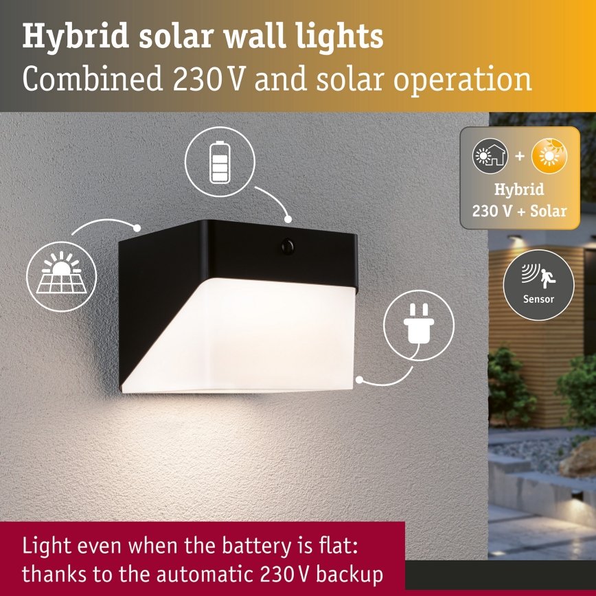 Paulmann 95746 - LED/2,3W IP44 Solární nástěnné svítidlo se senzorem EILEEN 3,7/230V 4000 mAh černá