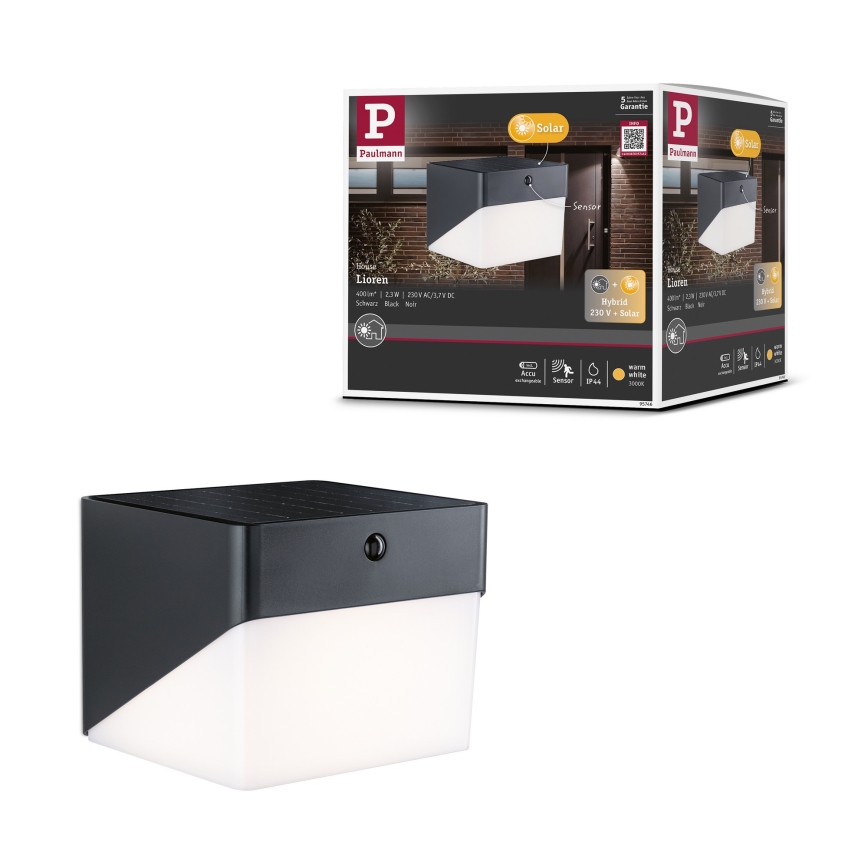 Paulmann 95746 - LED/2,3W IP44 Solární nástěnné svítidlo se senzorem EILEEN 3,7/230V 4000 mAh černá
