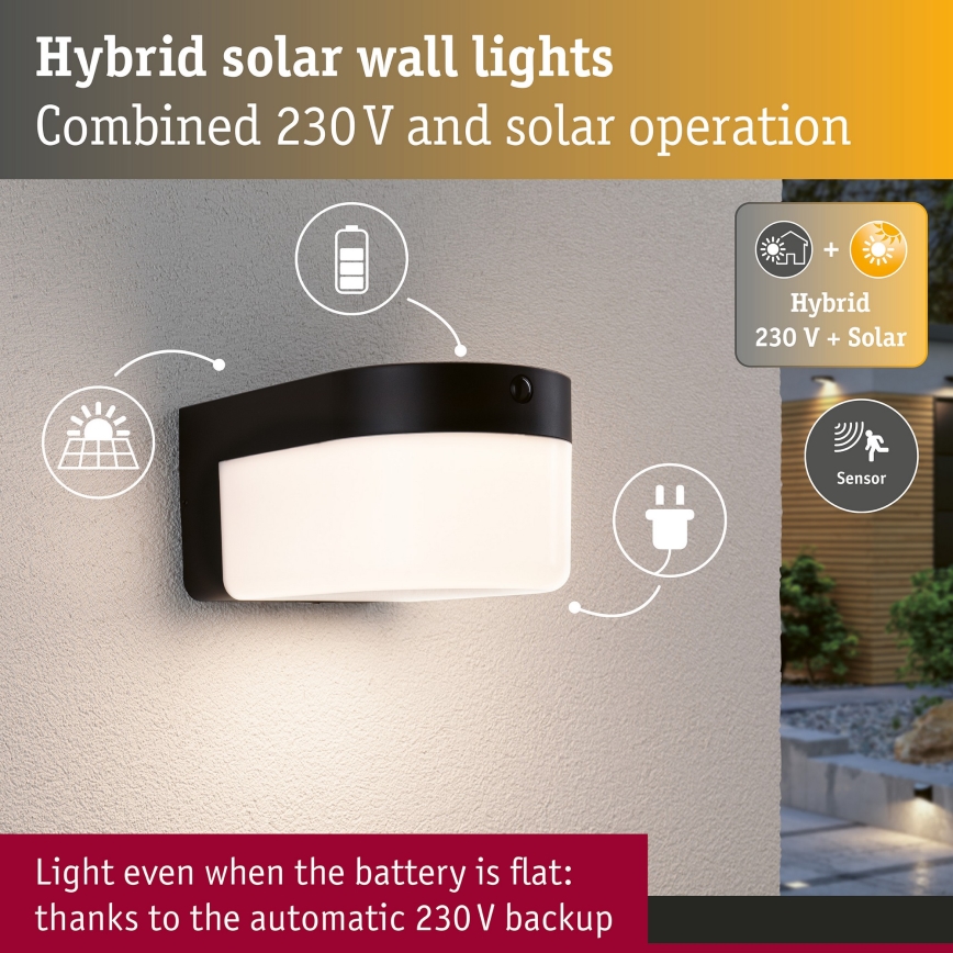 Paulmann 95747 - LED/2,3W IP44 Solární nástěnné svítidlo se senzorem CALYNE 3,7/230V 4000 mAh černá
