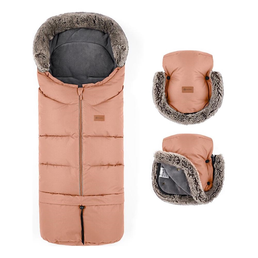 PETITE&MARS - SADA Dětský fusak 4v1 ARCTIC + rukávníky na kočárek FURRY Pastel Peach