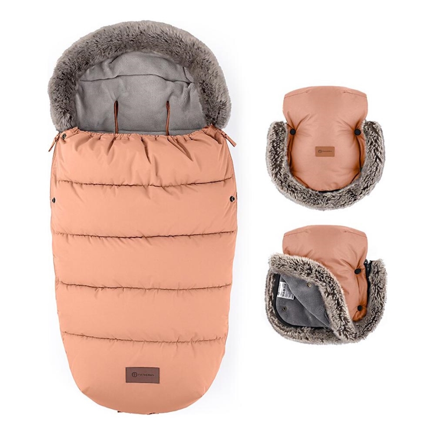 PETITE&MARS - SADA Dětský fusak 4v1 COMFY + rukávníky na kočárek FURRY Pastel Peach